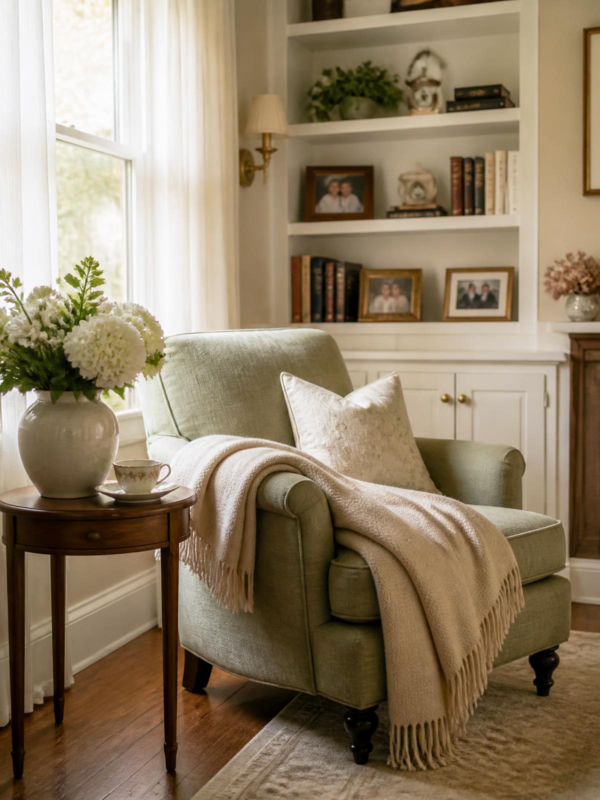 A warm, sunlit senior living reading nook with a comfortable armchair, fresh flowers, and natural light